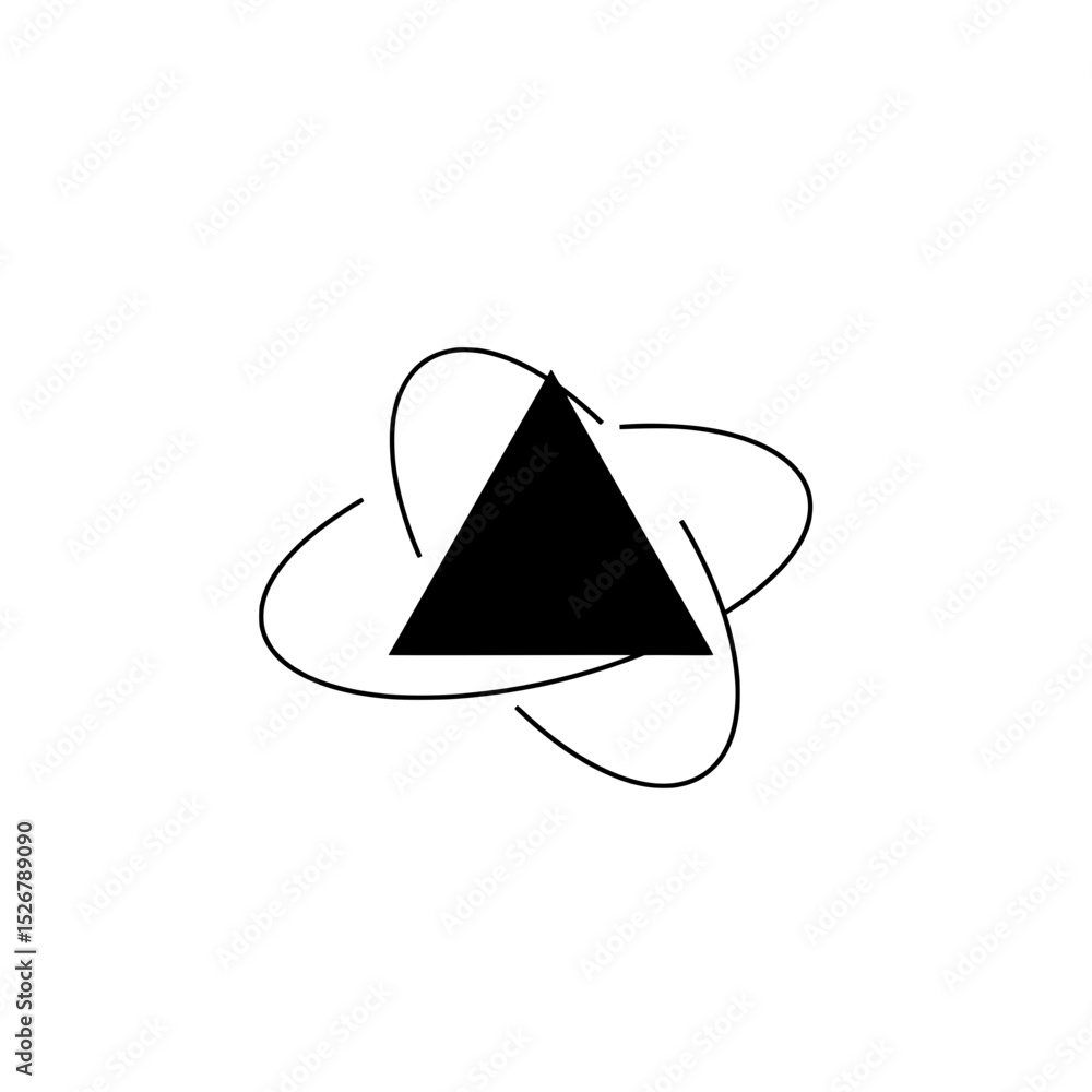 Poster abstract triangle logo: a minimalist design featuring a black triangle encircled by three orbiting e