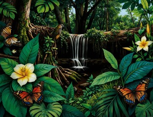 A vibrant tropical forest scene featuring a parrot perched on a branch, surrounded by greenery, colorful flowers, and a cascading waterfall 