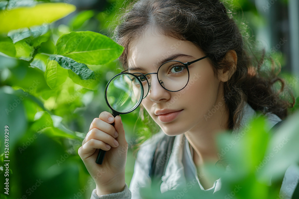 Aufkleber student exploring nature with magnifying glass during science experiment in greenery, generative ai