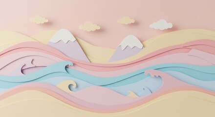 Serene pastel landscape with mountains and waves, featuring soft clouds in a tranquil background
