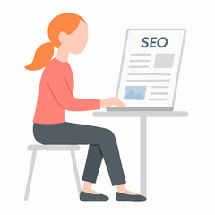 Simple Flat Illustration of Woman Working on SEO on Laptop