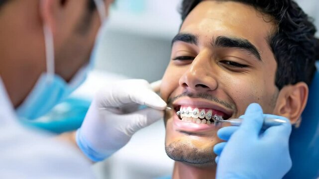 Close-up of a man getting braces fitted by a dentist
