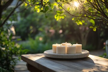 Abstract-shaped soy candles in gentle earth tones arranged on a stone tray placed atop a wooden bench in a peaceful garden, morning sunlight filtering through tree branches and leaves 