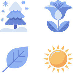 Obraz premium Basic weather condition icons. Sunny, rainy, snowflake and water drop representing different temperature and moisture types 