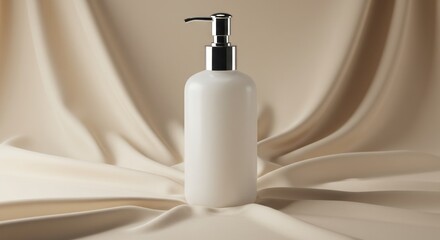 White plastic pump bottle on fabric background