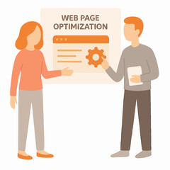 Flat Style Two People Discussing Web Page Optimization Illustration