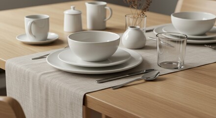 White tableware on beige linen tablecloth