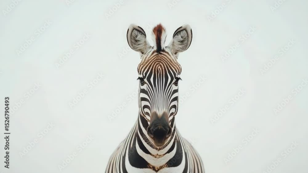 Poster A close-up shot of a zebra's face on a white background, perfect for use in designs and illustrations where a zebra's facial features are needed