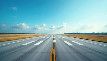 Half-finished airport runway against vibrant blue sky, horizon, marking
