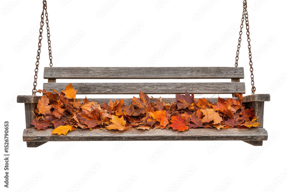 Poster autumn leaves rest on a rustic wooden swing hanging from chains against a muted transparent backgrou