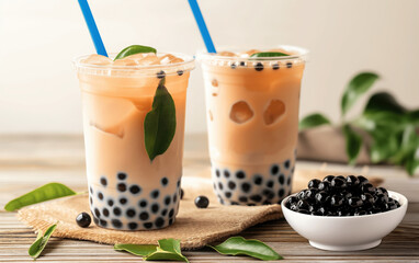 Two refreshing bubble milk tea drinks with black tapioca pearls and ice. Sweet beverage for summer and cafe menu.