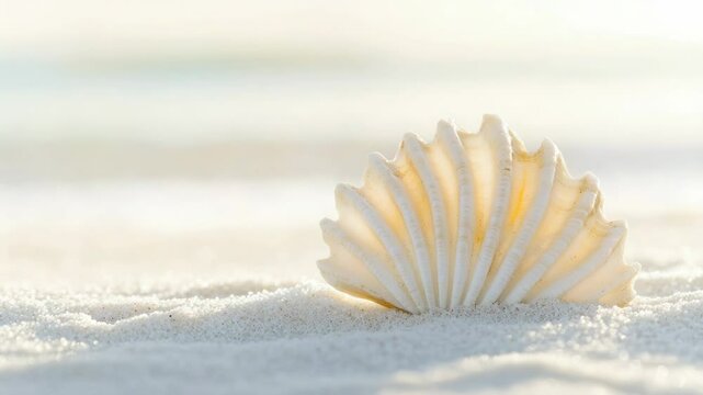 Beach scene with a shell on the sand, ocean waves in the background.