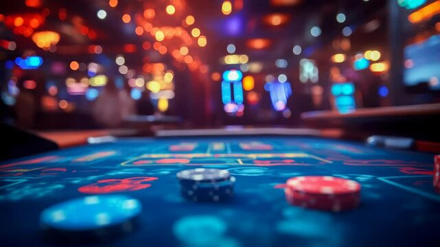 Casino gambling table with chips against vibrant bokeh lights.