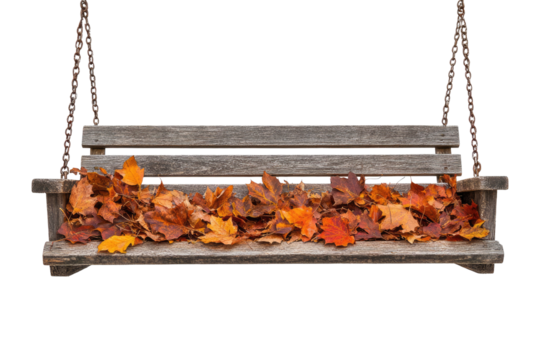 Autumn leaves rest on a rustic wooden swing hanging from chains against a muted transparent background. background removed
