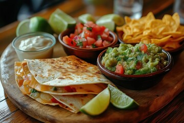 Hot Quesadilla with Salsa, Guacamole, Sour Cream and Lime Wedges Served
