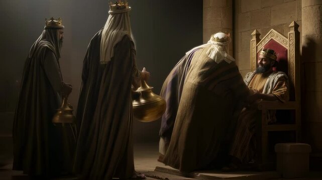 Three kings visiting Herod, one kneeling with a gift, in a historically reminiscent setting. Christian biblical narrative footage.