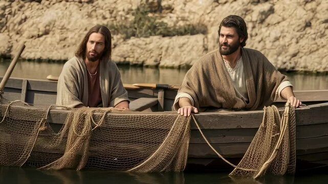 Jesus Christ with a disciple sitting in a fishing boat with nets on the lake. Biblical scene, Christian concept.