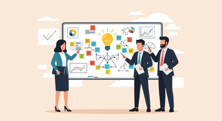 Fototapeta premium Business Workshop Concept. Vector cartoon illustration of a close-up group of diverse people standing near a board with sticky notes and discussing an idea. Isolated on background.