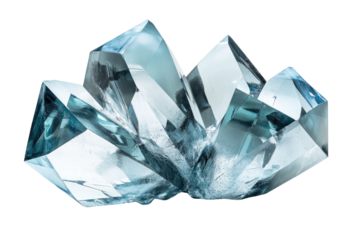 A cluster of translucent blue crystals, showcasing intricate facets and sharp edges. background removed