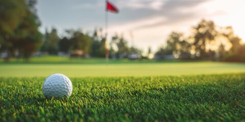 The golf ball resting on the lush green grass before the flag.
