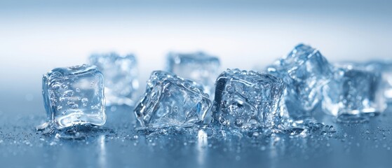 Obraz premium The shimmering ice cubes melting on a reflective surface with droplets.