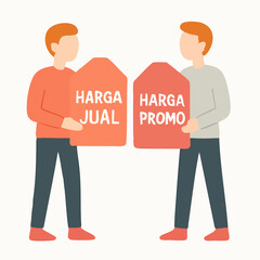 Flat Design Two Men Comparing Selling Price and Promotion Price Illustration