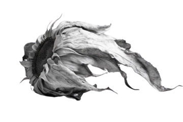 A monochrome image of a dried sunflower, its petals elegantly curled and scattered, creating a dramatic, artistic effect. background removed