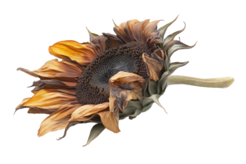 A withered sunflower, its petals dried and brown, showcasing the beauty of natural decay. background removed