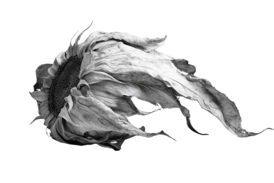 A monochrome image of a dried sunflower, its petals elegantly curled and scattered, creating a dramatic, artistic effect. background removed