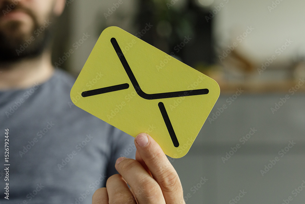 Poster close-up of a man holding a yellow card with an email icon. perfect for communication, message, and 