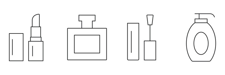 Beauty and cosmetics outline icons. Cosmetics icon set. Skincare line icon set. Cosmetics, Beauty, Skincare, Makeup, Perfume, Fragrance, Hair. Vector illustration.