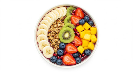 Açaí smoothie bowl with granola, banana slices, and assorted toppings, isolated on white background