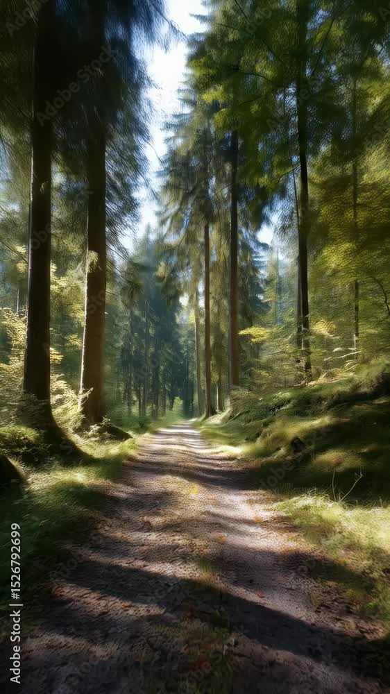Poster sunlight filters through tall evergreen trees lining a dirt path in a tranquil forest environment, c