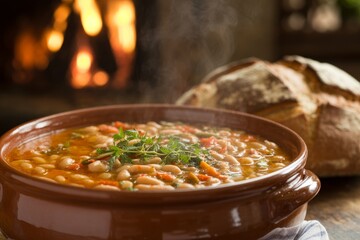 Warm and inviting pot of homemade bean soup with fresh herbs and rustic bread beside a cozy fireplace