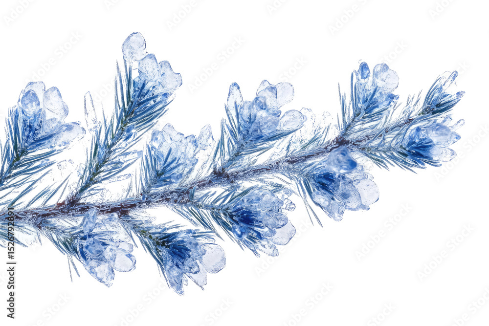 Poster a close-up of a frost-covered pine branch, showcasing intricate ice crystals and delicate details. b