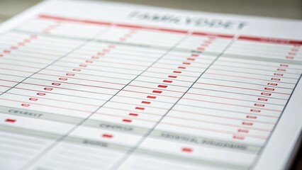 Public debt concept. A detailed, partially filled spreadsheet with rows and columns, primarily featuring red and black lines, possibly for tracking data or tasks.