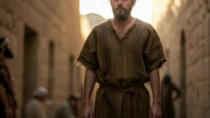 Man in ancient robes standing on a cobblestone street, biblical scene with disciples in old Jerusalem footage.