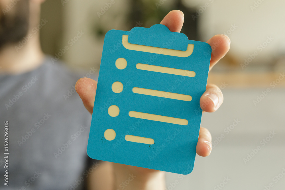 Poster a hand holds a blue checklist icon. perfect for project management, task organization, and productiv