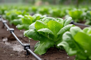 Smart irrigation technology nurtures vibrant lettuce crops in ultra-detailed agricultural close-up
