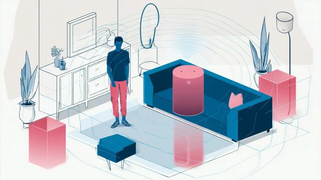 Person walking in a room, with digital representation of objects and sound waves