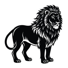 Obraz premium Roaring Lion Silhouette with Detailed Mane in Aggressive Stance on White Background ,ai generator 
