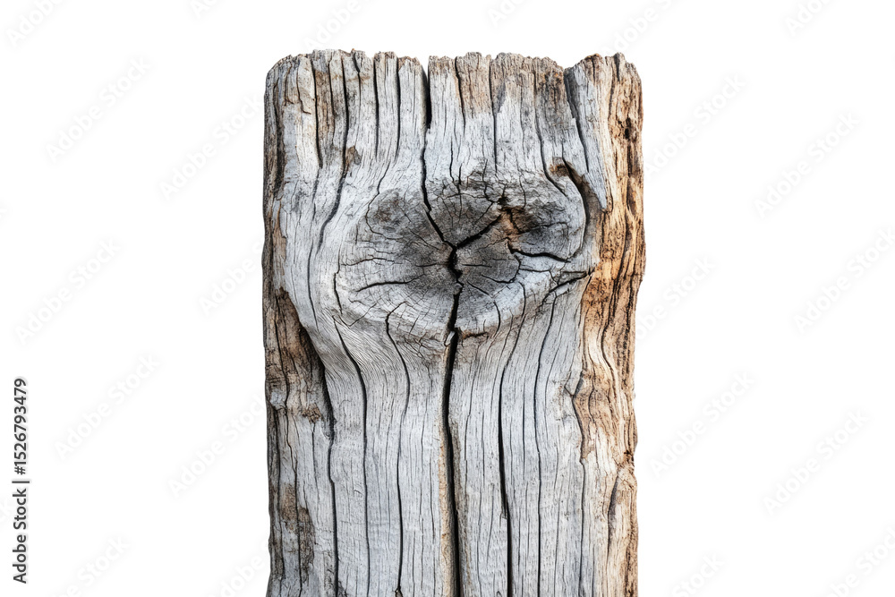 Poster close-up of weathered, gray wood post showing age and texture. background removed