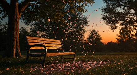Wooden bench at sunset in a park