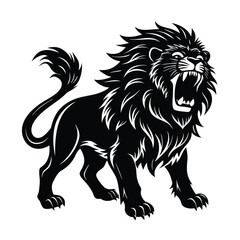 Roaring Lion Silhouette with Detailed Mane in Aggressive Stance on White Background ,ai generator
