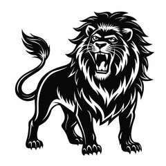 Fototapeta premium Roaring Lion Silhouette with Detailed Mane in Aggressive Stance on White Background ,ai generator 