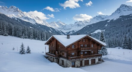Wooden cabin in snowy mountain landscape