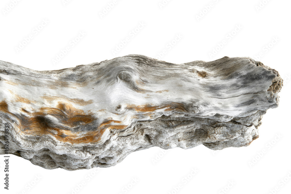 Poster a weathered piece of driftwood, showing intricate grain and texture, isolated on a transparent backg