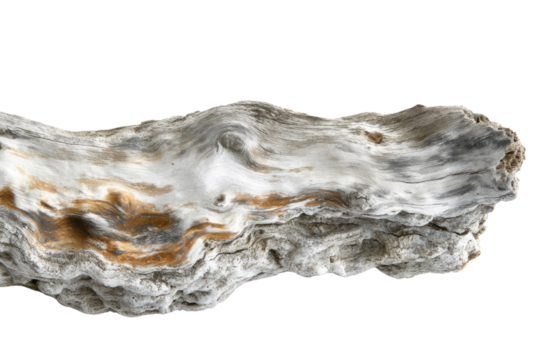 A weathered piece of driftwood, showing intricate grain and texture, isolated on a transparent background. background removed
