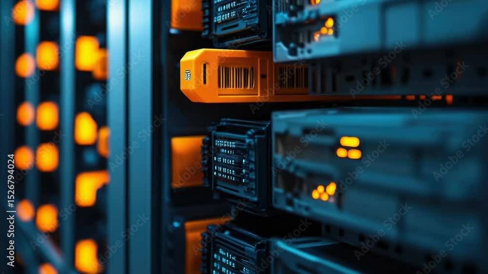 Aufkleber row of servers in a data center server room.