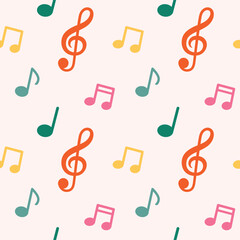 Colorful Flying Music Notes Background. Music Notes Seamless Pattern Backdrop